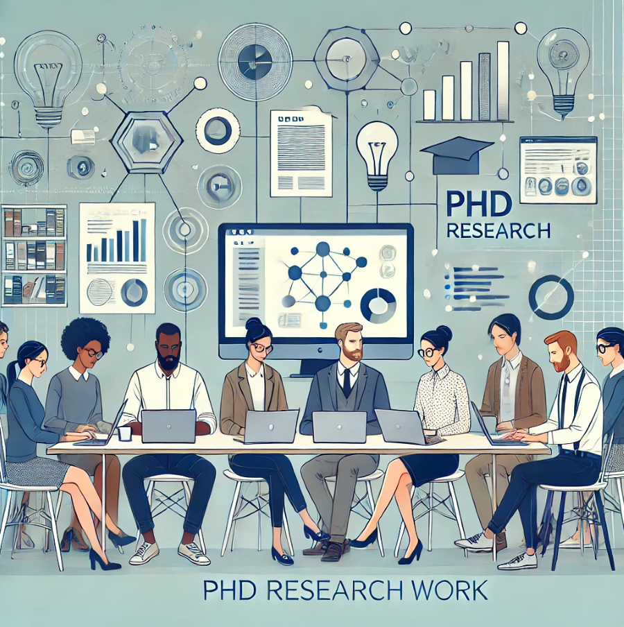 Illstrasjon av mennesker som sitter ved et bord og arbeider på laptoper. På illustrasjonen står det "PHD RESEARCH WORK"