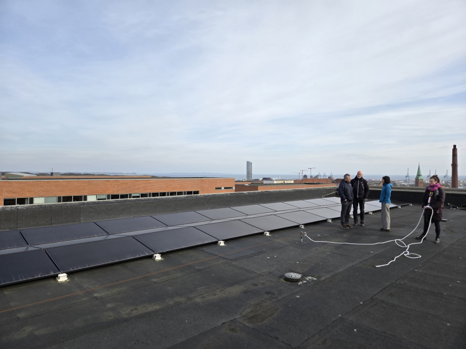 Solar panel installation on a flat rooftop. Some people are standing in the right of the picture looking towards the camera