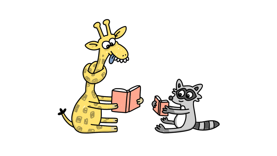 giraff og vaskebjørn leser sammen