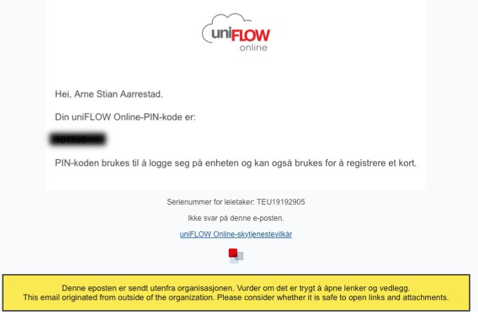Eksempel på Uniflow epost med pin kode