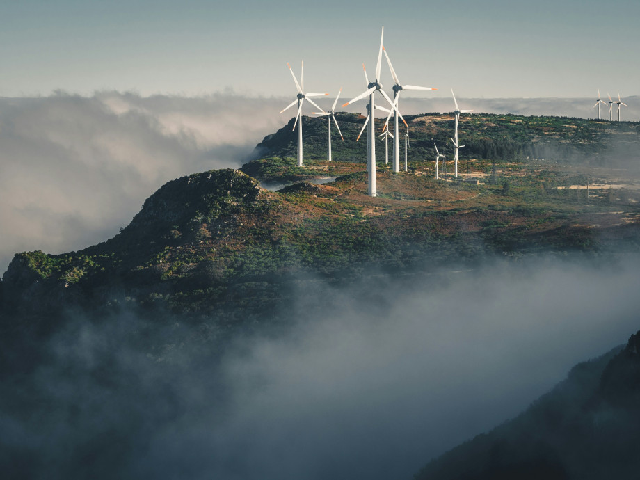 White wind turbines on a green grass field near a body of water during daytime