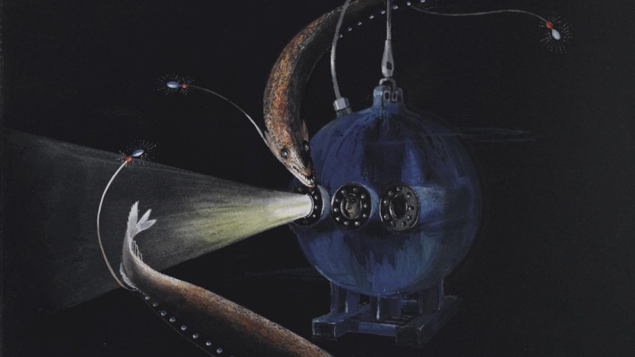 A giant dragonfish circles around a bathysphere in the darkness of the deep sea