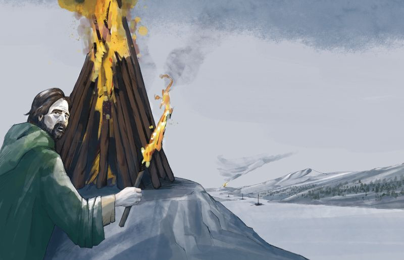 Viking som antenner et signalbål, vikingskip i bakgrunnen