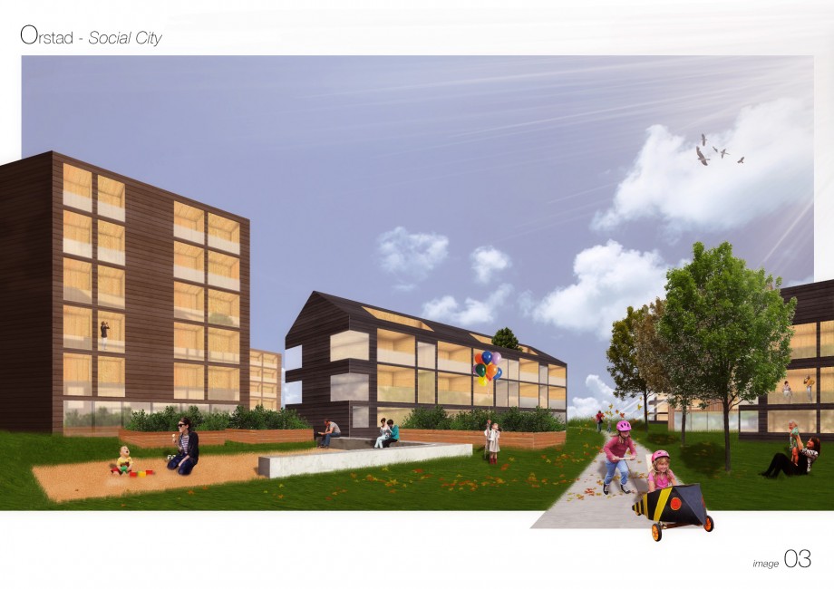 Illustrasjon av studentprosjektet Orstad - Social City på studium for Byutvikling og urban design (2014-2015).