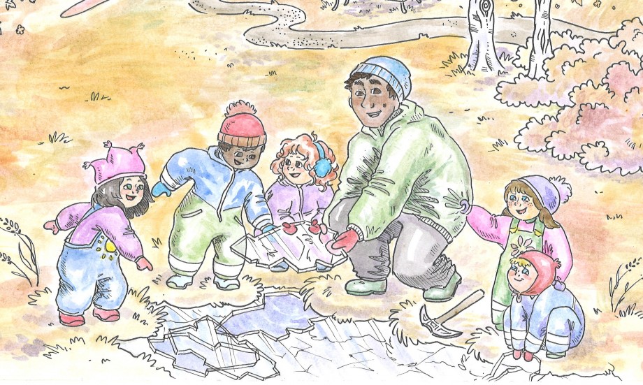 Illustrasjon av en barnehagelærer og flere barnehagebarn som studerer et isflak på tur i skogen