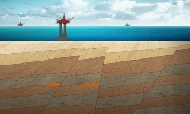 Grafikk til kurs i petroleumsteknologi, hav platformer og havbunn og geologiske lag med forkastninger og hydrokarbonreservoare