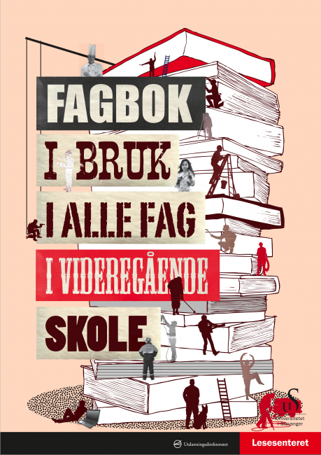 Bokforside: Illustrasjon av et stort boktårn som små mennesker jobber i.
