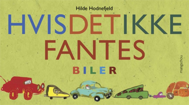 Bokforside: Illustrasjon med barnetegninger av seks forskjellige biler