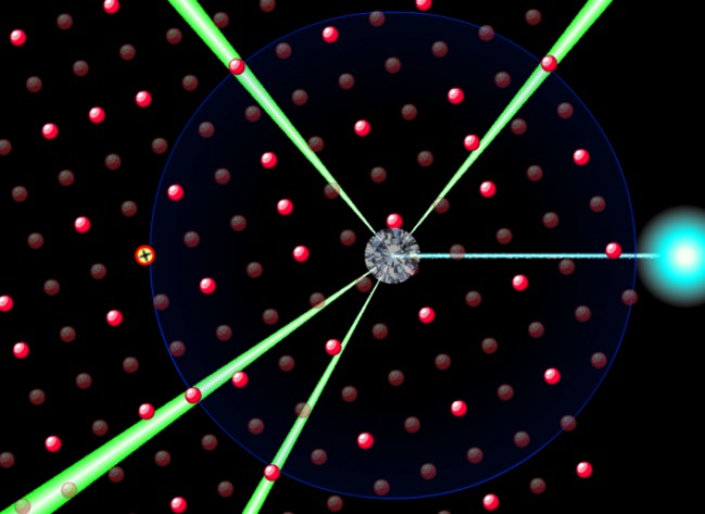 Grafikk av fargerike stråler og prikker på svart bakgrunn
