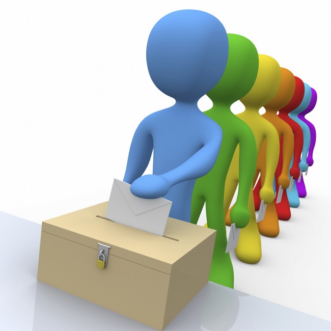 Illustrasjon av en rekke personer som står i kø for å putte stemmeseddel i en valgurne