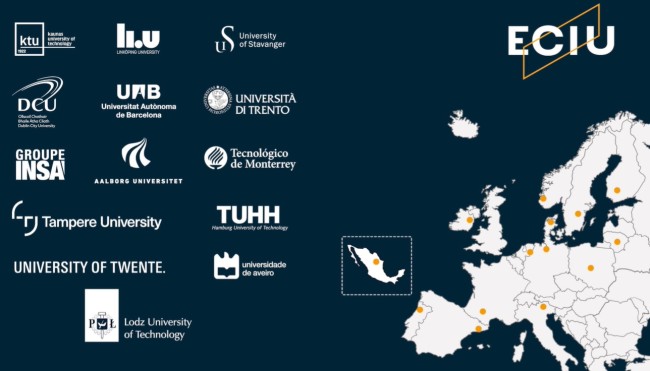 Europakart hvor medlemsuniversitetene er merket av med røde prikker. Alle logoene i venstre del av bildet.