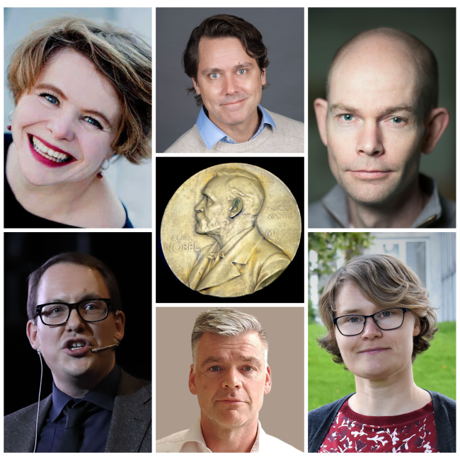 Collage med seks portrettbilder og en nobelmedalje