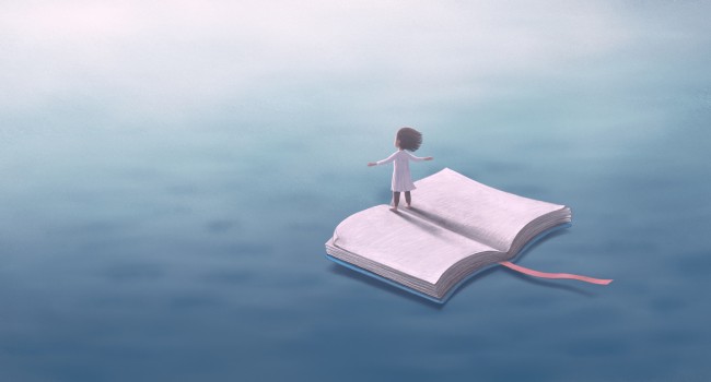 Illustration of a child standing on a book