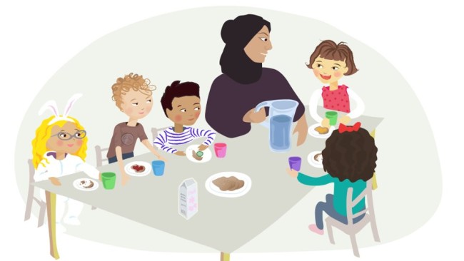 Illustrasjon av fem barn og en barnehagelærer som sitter rundt et bord og spiser.