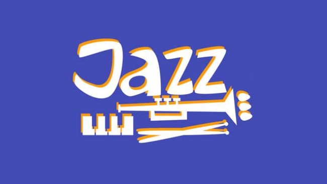 Plakat jazzjam, med teksten Jazz og keyboard, trompet og trommestikker
