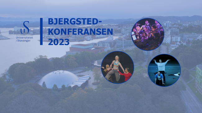 Plakat til Bjergstedkonferansen 2023. Dronebilde over Bjergsted og tre små bilder av dans, opptreden og konsert