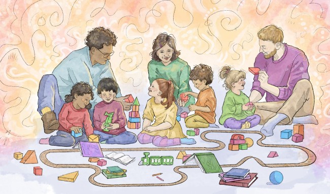 Et bilde som inneholder fem barn og tre barnehageansatte som leker med klosser og togbane