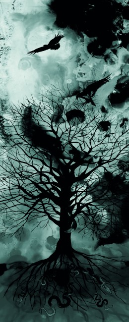 yggdrasil med hauker svart hvitt