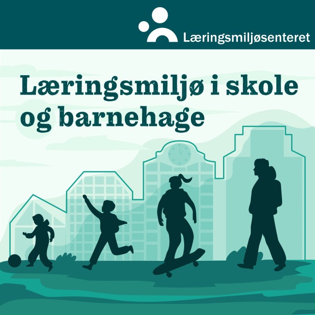 Podkastillustrasjon for Læringsmiljø i skole og barnehage. Fire barn i aktivitet med ball, løpende, på skateboard og med sekk. Logo for Læringsmiljøsenteret