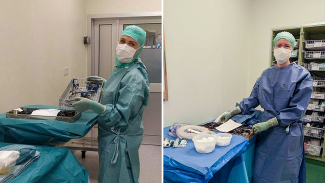 Fotokollasje: To operasjonssykepleiere i uniform som står ved siden av bord med utstyr på.