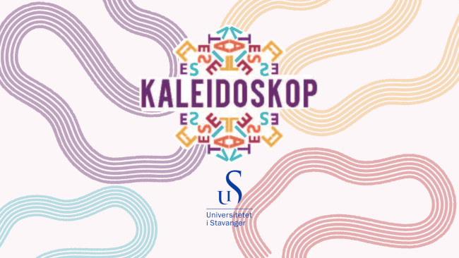 Kaleidoskop logo og UiS logo på mønstret bakgrunn.
