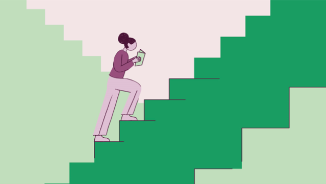 Tegning av person som går opp en trapp og leser