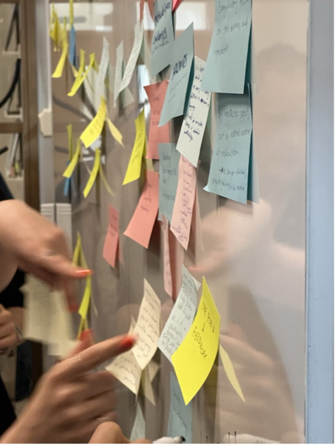 Fingers point at a board covered in post-it notes