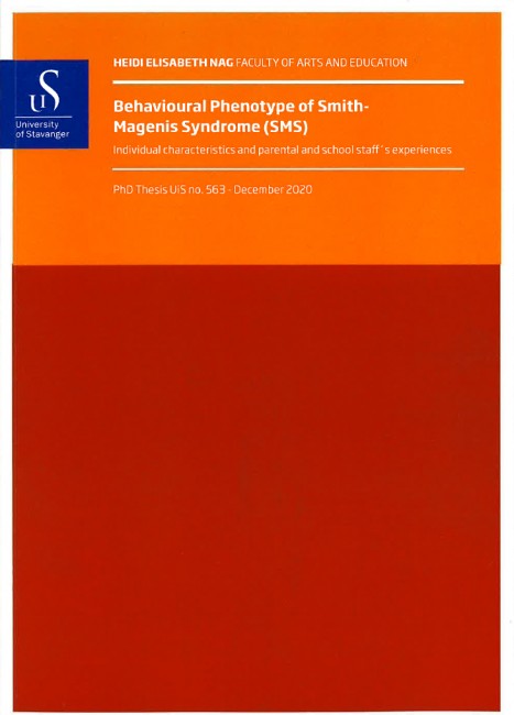 Omslag til doktorgradsavhandlingen Behavioural Phenotype of Smith-Magenis Syndrome (SMS) av Heidi E. Nag